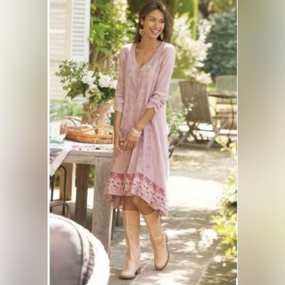 *** Soft Surroundings Pink Embroidered Lace Trim Boho Dress (J)